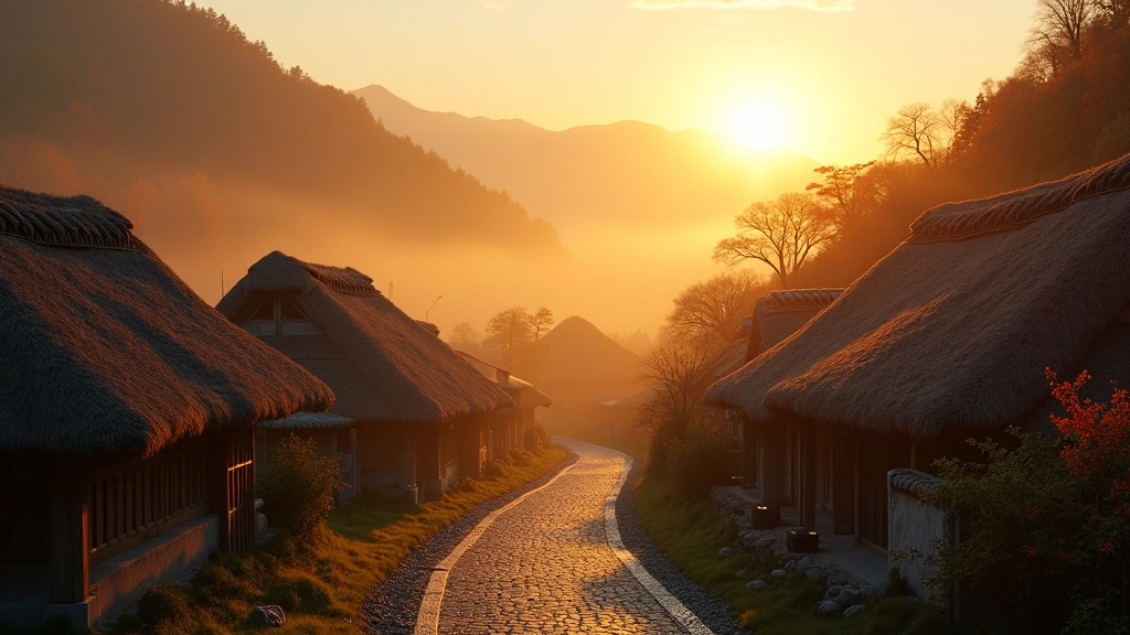 Goldene Stunde im Shirakawa-go-Dorf mit traditionellen Strohdachhaeusern in Japan