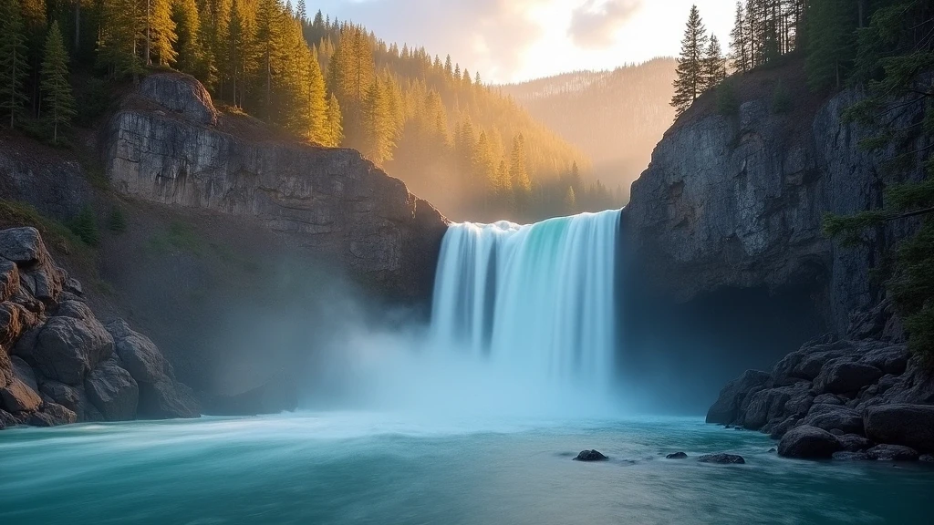 Athabasca Wasserfaelle in Jasper National Park zur goldenen Stunde, Kanada