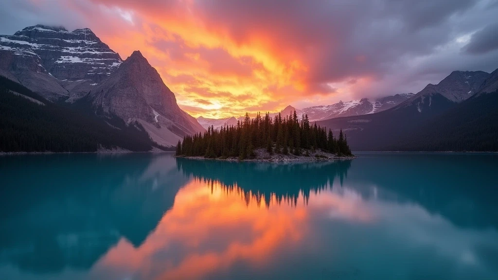 Sonnenuntergang am Maligne See mit Spirit Island in Jasper National Park, Kanada