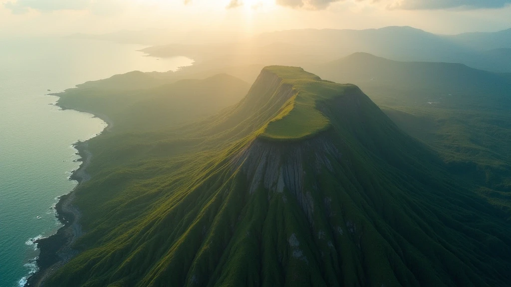 Dramatische Luftaufnahme des Hallasan-Vulkankraters auf Jeju zur goldenen Stunde mit grünen Wäldern und Küste