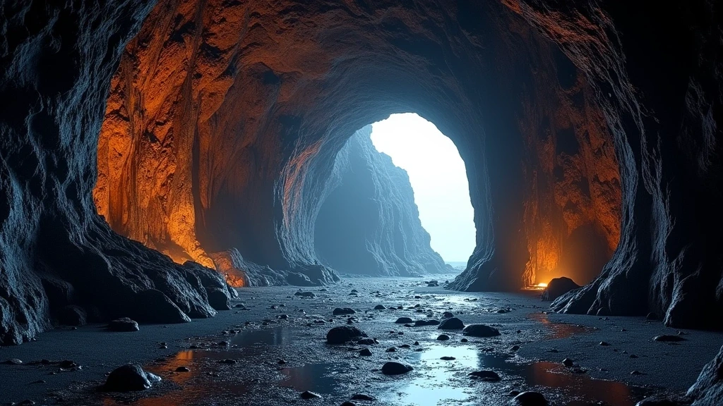 Panoramablick ins Innere der Manjanggul-Lavaröhre auf Jeju mit basaltformationen und lavastalaktiten