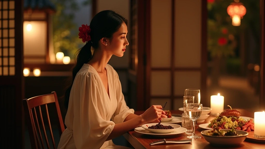 Elegante Frau genießt traditionelles Jeju-Schwarzschweine-Barbecue in einem luxus-hanok-restaurant