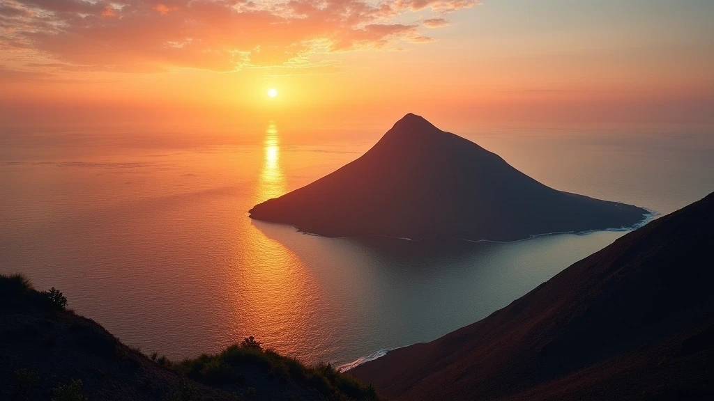 Sonnenuntergang über dem Seongsan Ilchulbong Tuffkegel auf Jeju mit dramatischem goldenem Licht