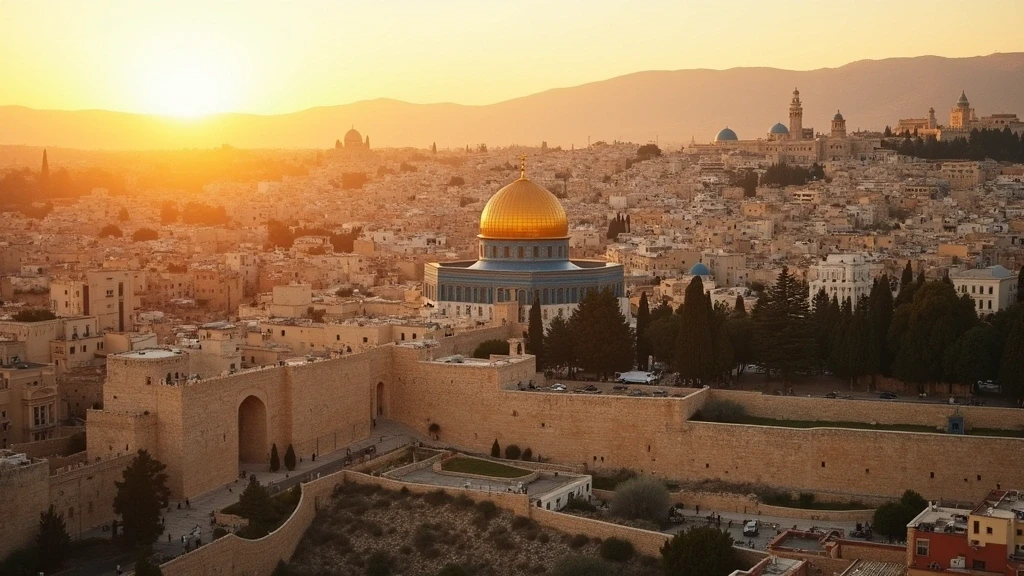 Luftaufnahme der Altstadt von Jerusalem mit goldenem Felsendom zur goldenen Stunde