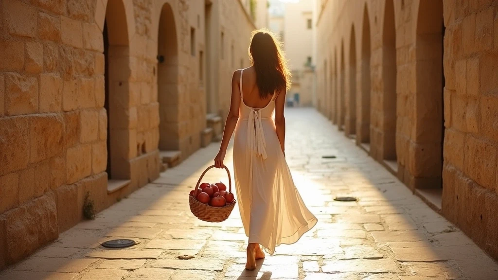 Elegante Frau im weissen Kleid in den antiken Gassen des juedischen Viertels in Jerusalem