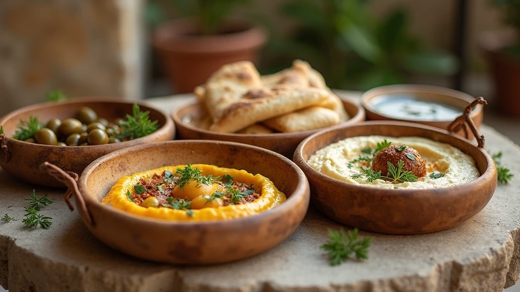Traditionelle mezze-Vorspeisen auf antikem Steintisch in Jerusalem bei goldener Stunde