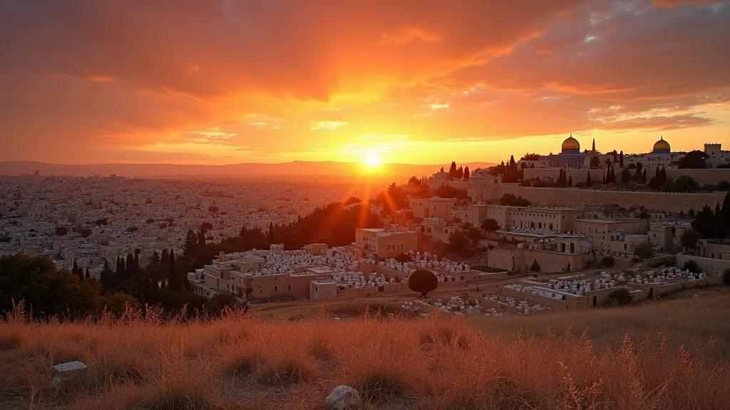 Sonnenuntergang ueber dem Oelberg in Jerusalem mit Blick auf die Altstadt