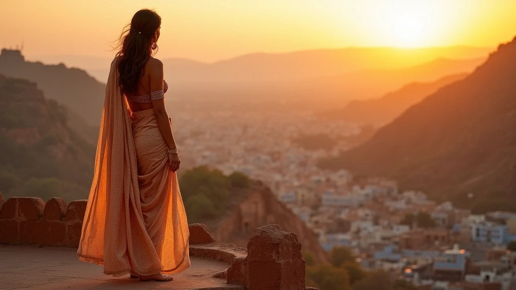 Elegante Frau in Seiden-Sari auf den Zinnen des Mehrangarh Forts bei Sonnenuntergang in Jodhpur
