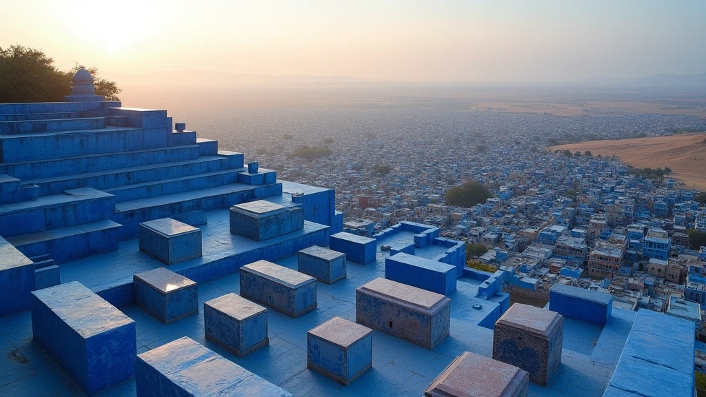 Panoramablick auf die blaue Altstadt von Jodhpur vom Jaswant Thada aus in Rajasthan