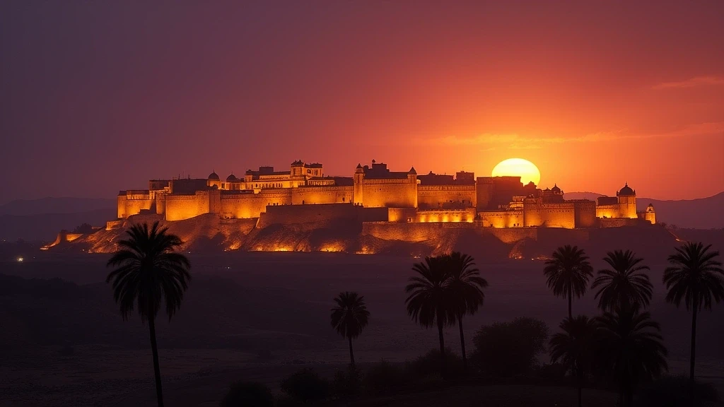 Sonnenuntergang ueber dem Mehrangarh Fort in Jodhpur mit dramatischem Himmel in Rajasthan