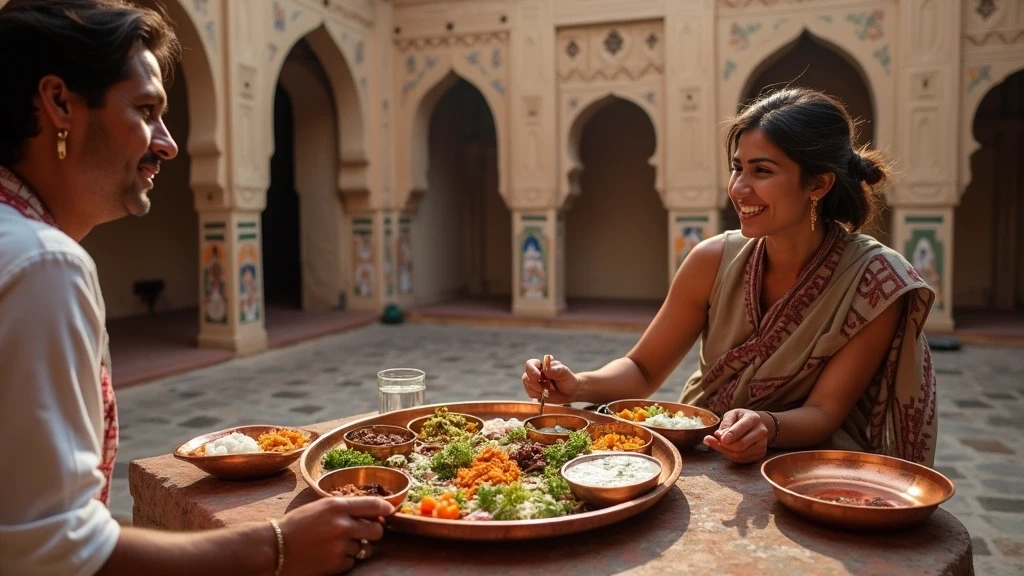 Stylisher Reisender geniesst traditionelles Rajasthani Thali in einem Haveli-Hof in Jodhpur