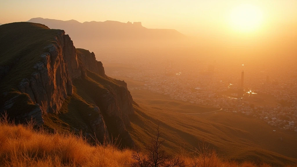 Luftaufnahme von Johannesburg mit Witwatersrand-Bergkette und Savannenlandschaft zur goldenen Stunde