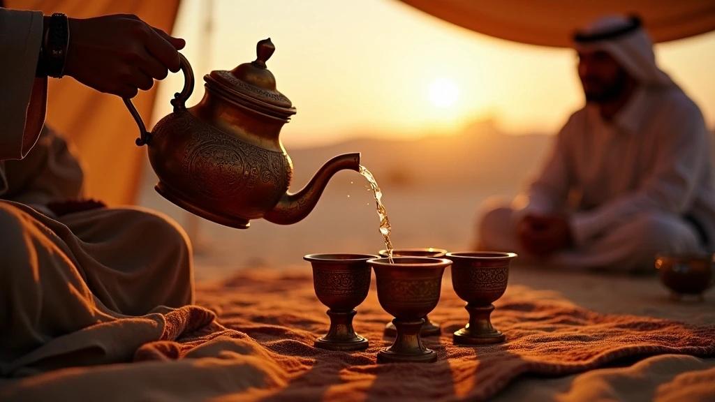 Traditionelle Beduinen-Teezeremonie im Jordantal, Jordanien mit Kupferkessel zur goldenen Stunde