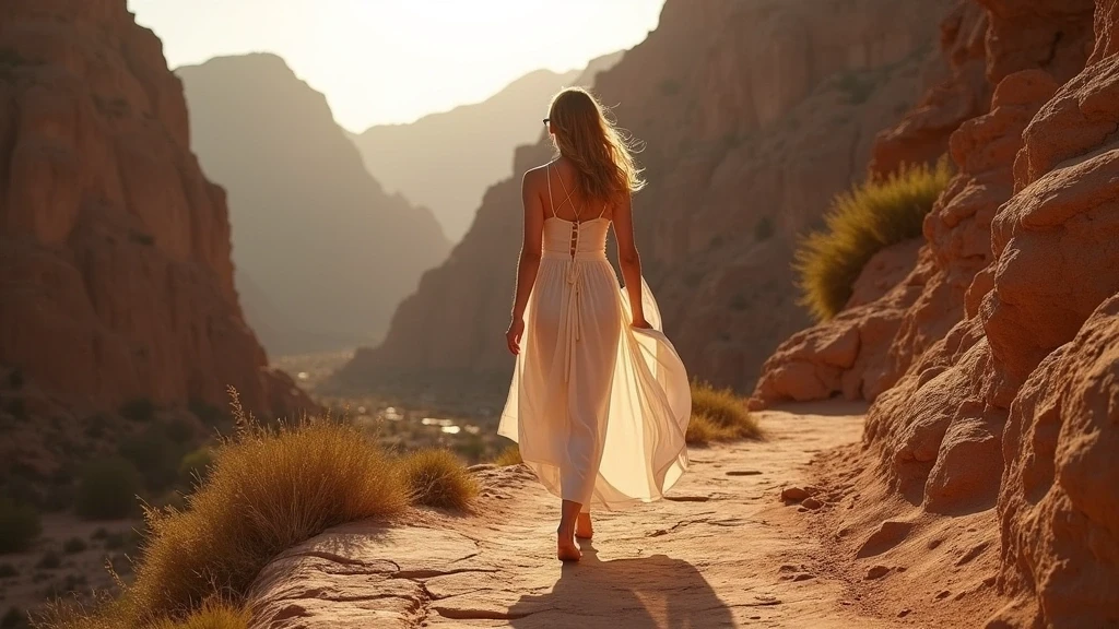 Elegante Frau in weissem Kleid auf Steinpfad im Jordantal, Jordanien zur goldenen Stunde