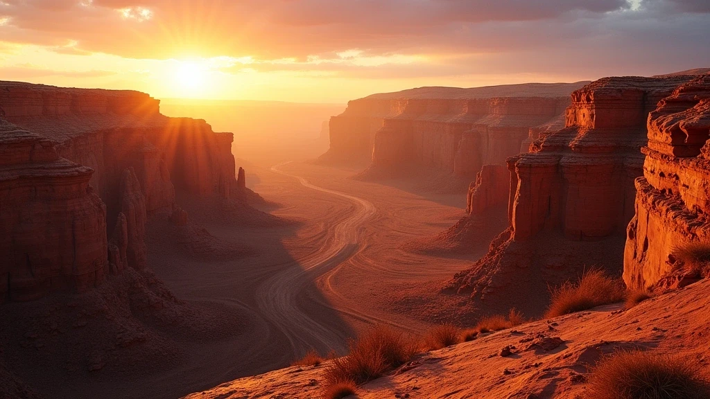 Panorama der Jordantal-Schluchten in Jordanien bei Sonnenuntergang mit roten Sandsteinfelsen