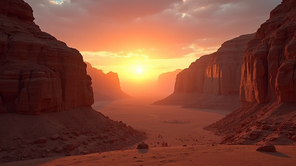 Sonnenaufgang ueber der Jordantal-Schlucht in Jordanien mit goldenem Licht auf Sandsteinformationen
