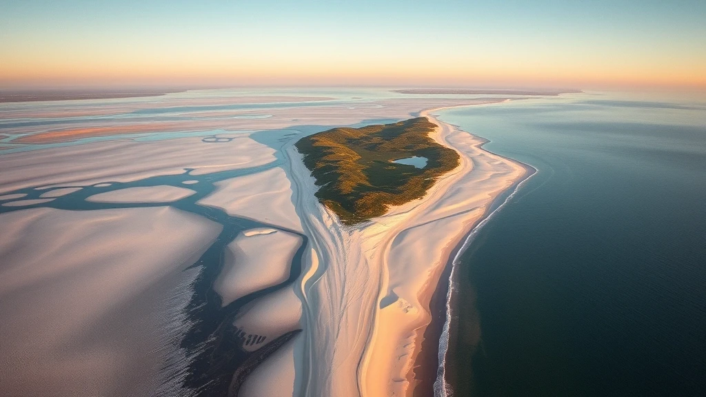 Luftaufnahme der autofreien Insel Juist mit Wattenmeer und Sandstrand zur goldenen Stunde in Deutschland