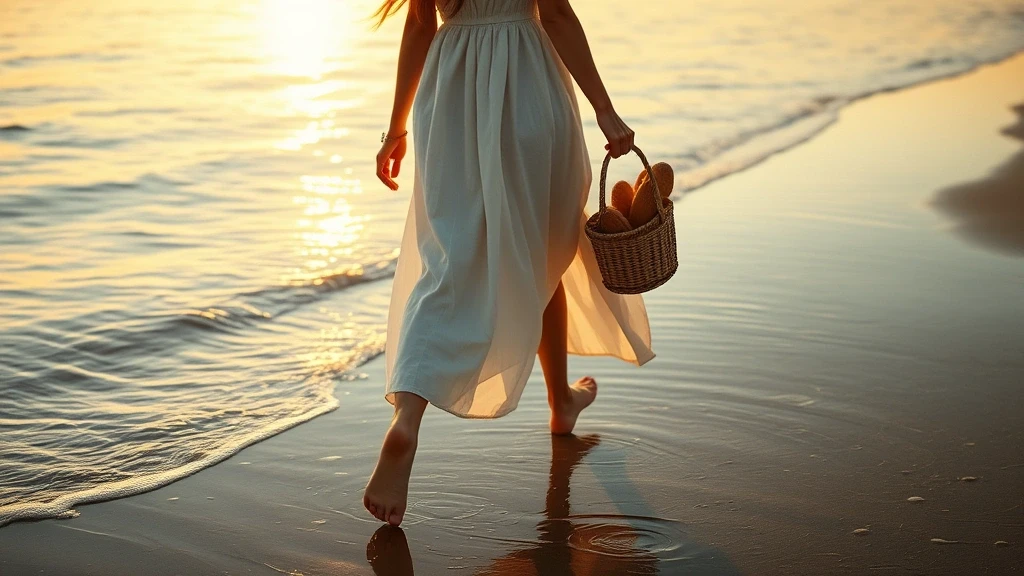 Elegante Frau am Strand von Juist bei Sonnenuntergang mit Brotkorb in Deutschland