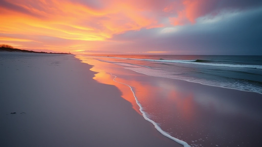 Panorama des weißen Sandstrands von Juist bei Sonnenuntergang mit Nordsee-Wellen in Deutschland