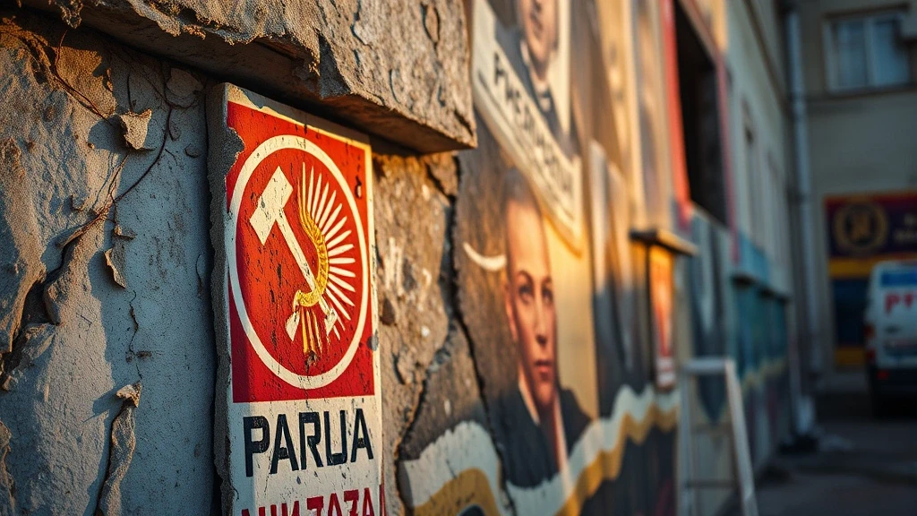Detailaufnahme verwitterter Sowjetpropaganda-Murale in Kadykchan