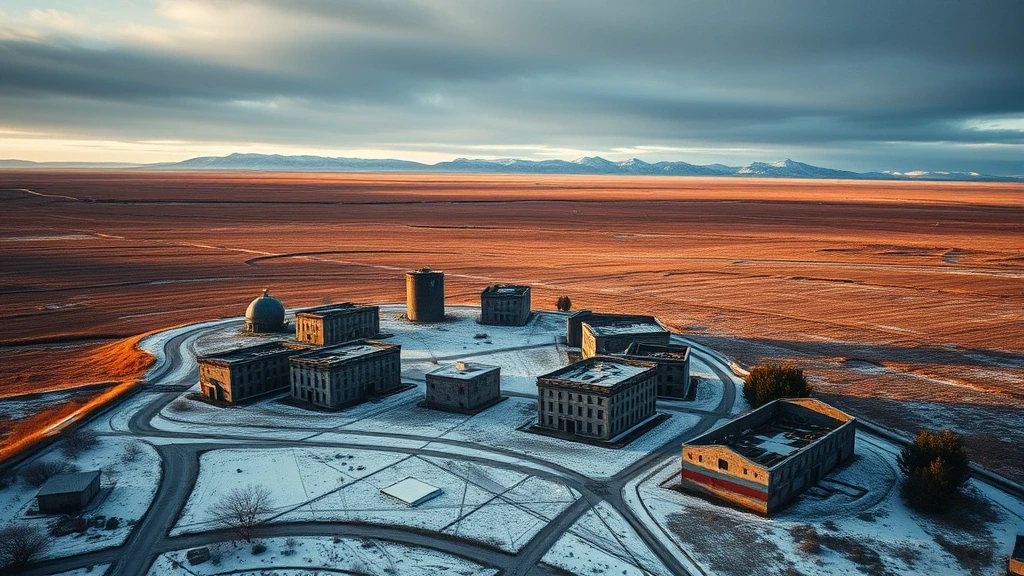 Luftaufnahme des verlassenen Bergbaustädtchens Kadykchan in der sibirischen Tundra zur goldenen Stunde