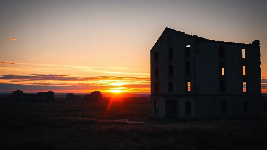 Panorama der verlassenen Gebäude in Kadykchan bei sibirischem Sonnenuntergang