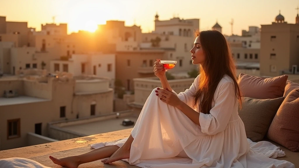 Elegante Frau auf Dachterrasse in Alt-Kairo bei traditionellem Tee zur goldenen Stunde