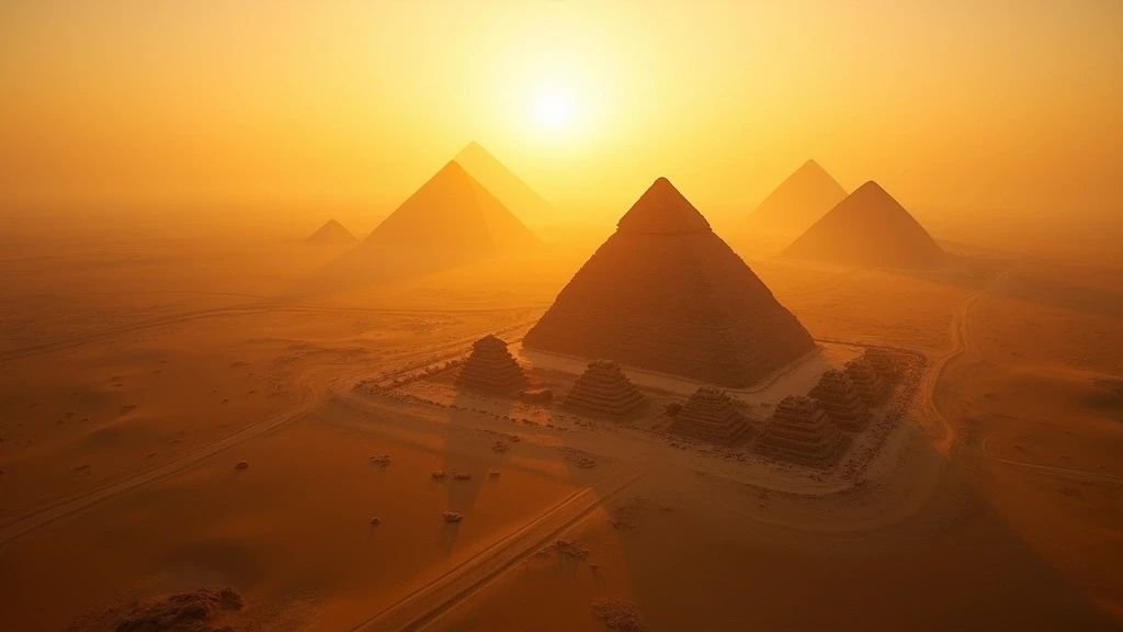 Luftaufnahme der Pyramiden von Gizeh in Kairo zur goldenen Stunde mit Wüstenpanorama