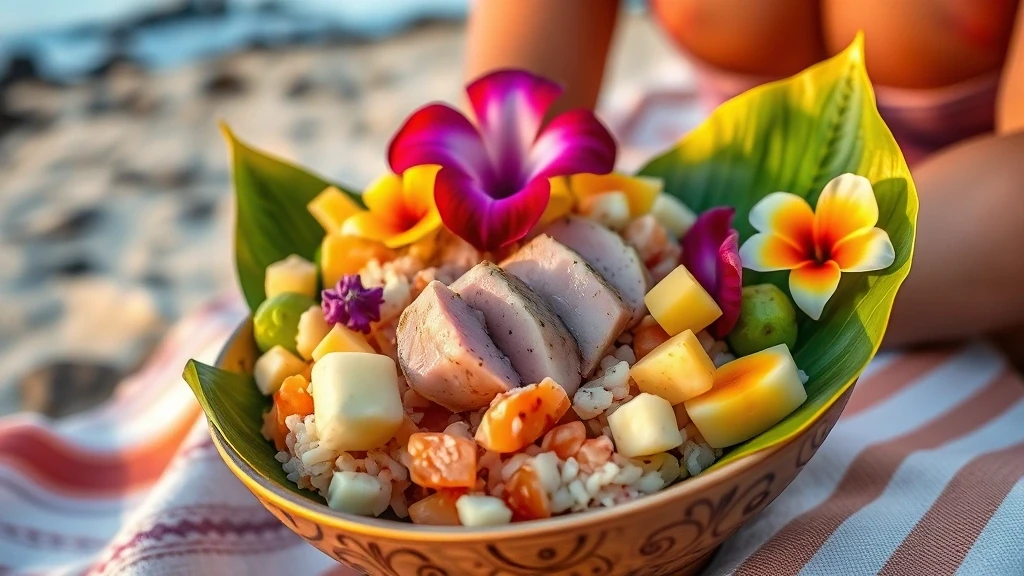 Frische Poke Bowl mit Ahi-Thunfisch auf Bananenblatt am Kalalau Beach, Hawaii