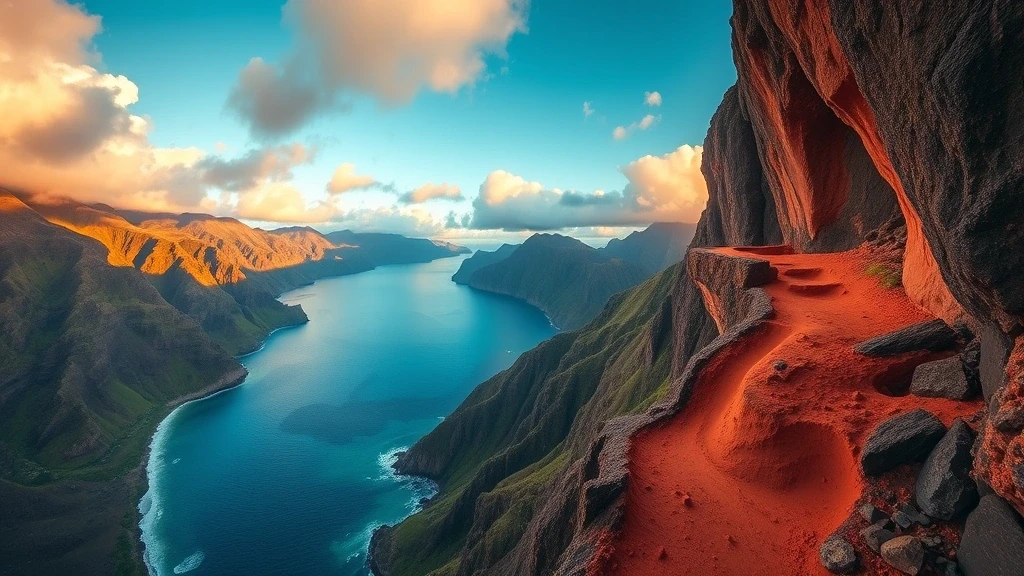 Panoramablick vom Crawler's Ledge auf den Klippenwanderweg in Kalalau Trail, USA