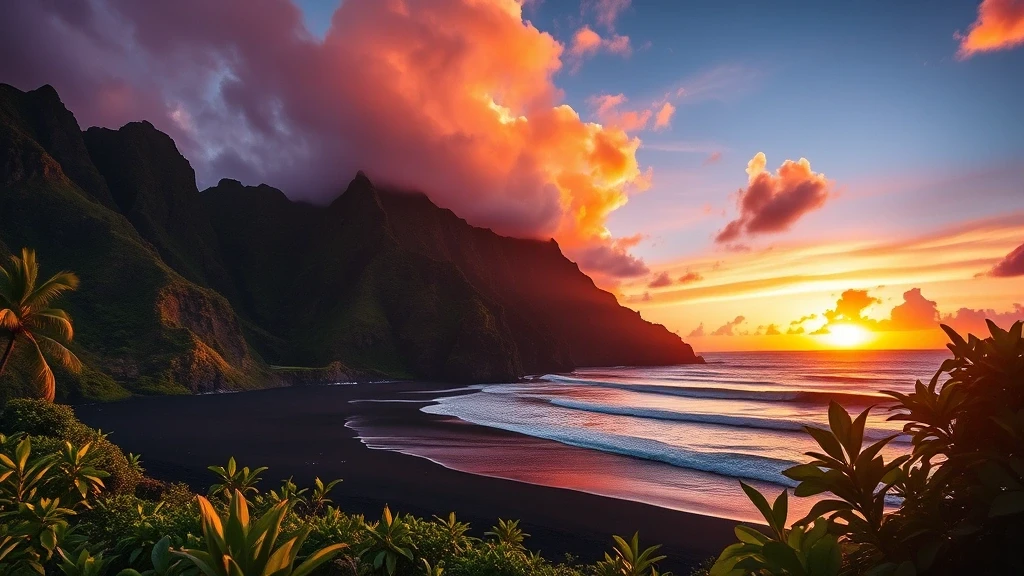 Sonnenuntergang ueber Hanakapiai Beach mit Klippensilhouetten in Kalalau Trail, Hawaii