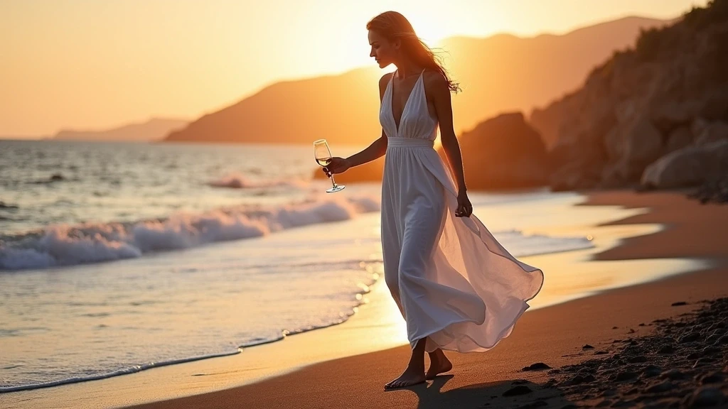 Elegante Frau im weissen Leinenkleid barfuss am schwarzen Kamari Strand bei Sonnenuntergang mit Wein