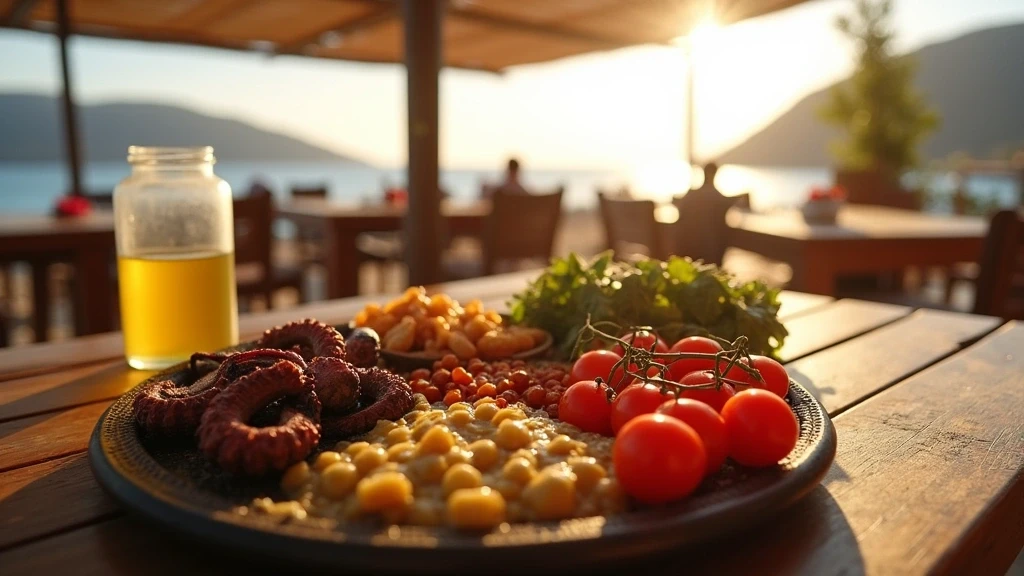 Traditionelle griechische Meze Platte mit Oktopus und Santorini Tomaten in Strandtaverne in Kamari