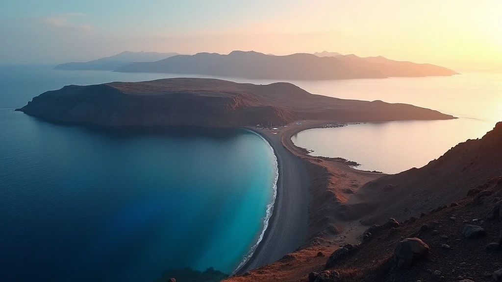Luftaufnahme des schwarzen Vulkansandstrandes von Kamari mit Mesa Vouno Berg und Aegaeischem Meer zur goldenen Stunde