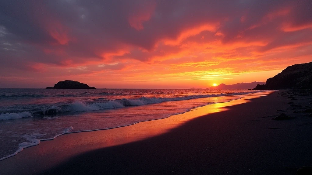 Sonnenuntergang ueber dem schwarzen Sandstrand von Kamari mit feurigem Himmel und spiegelndem Vulkansand