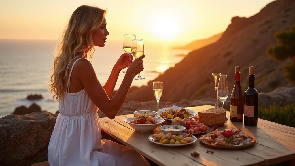 Elegante Frau geniesst kanarische Tapas mit Meerblick zur goldenen Stunde auf den Kanaren