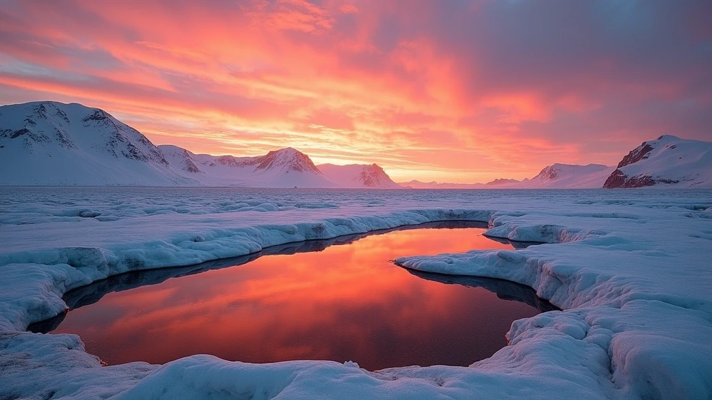 Sonnenuntergang über dem grönländischen Eisschild in Kangerlussuaq mit Spiegelungen im Schmelzwasser