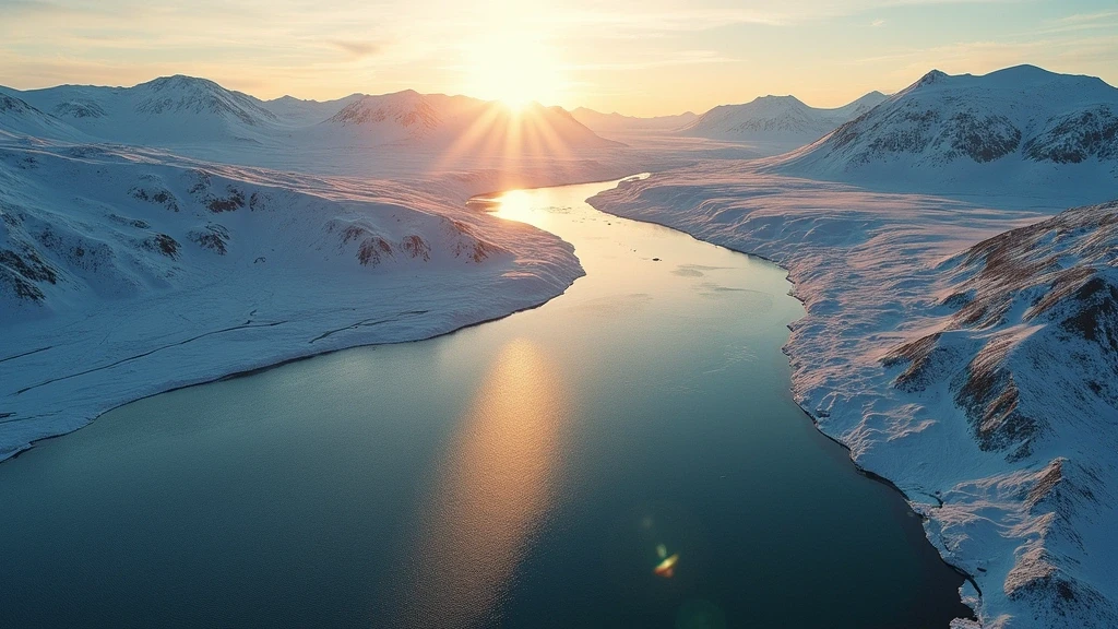 Luftaufnahme des grönländischen Eisschilds und des Watson River in Kangerlussuaq zur goldenen Stunde