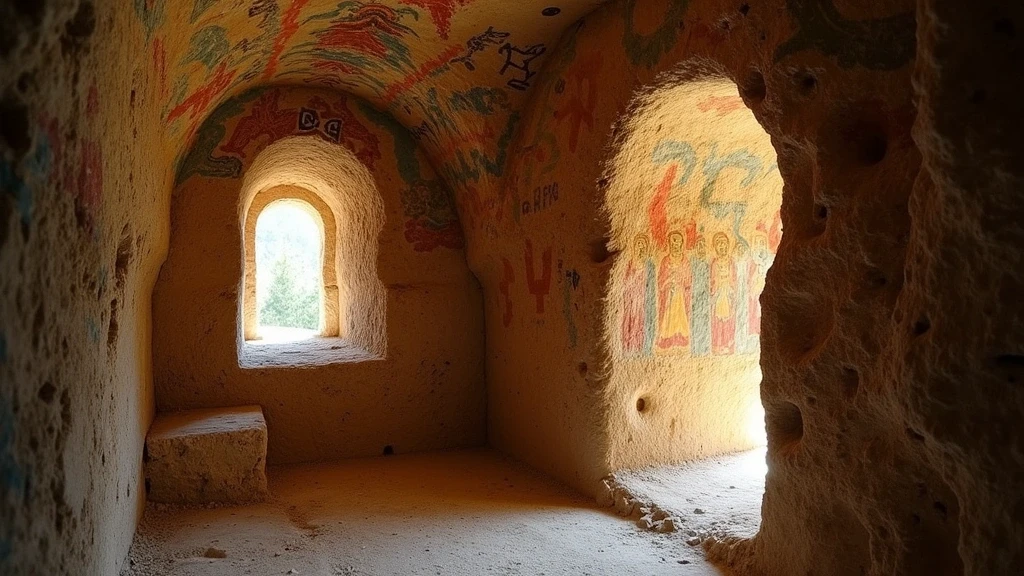 Detailaufnahme byzantinischer Fresken in einer Hoehlenkirche in Kappadokien