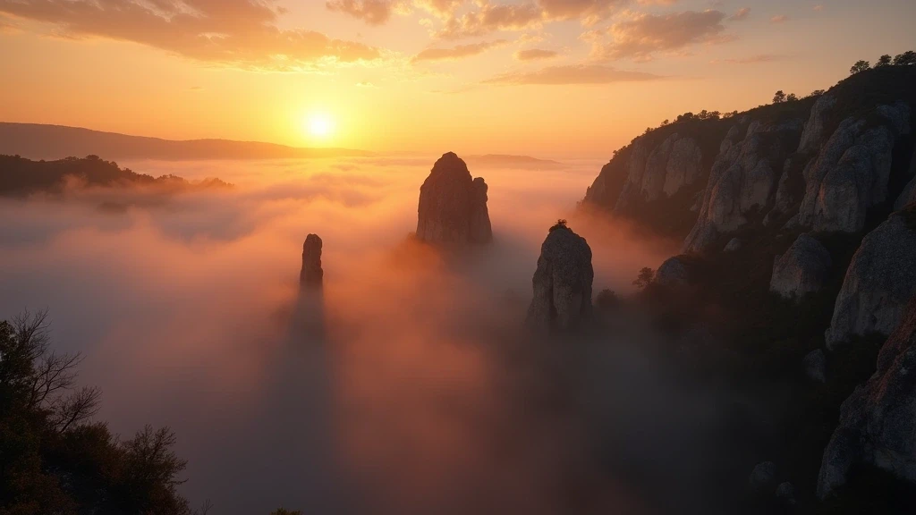 Sonnenaufgang ueber dem Liebestal in Kappadokien mit Felsformationen