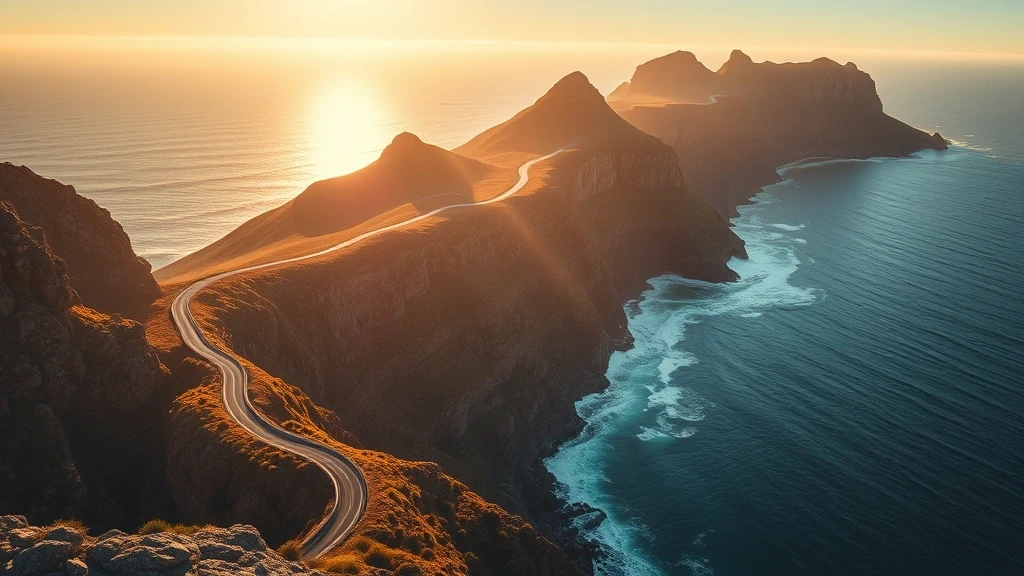 Luftaufnahme der Chapman's Peak Drive Küstenstraße in Kapstadt zur goldenen Stunde
