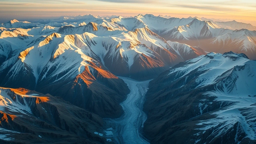 Dramatische Luftaufnahme der schneebedeckten Gipfel im Karakorum-Gebirge, Mongolei zur goldenen Stunde