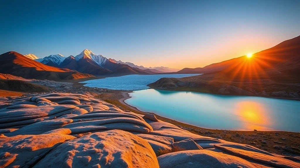 Goldene Stunde am Gletschersee im Karakorum-Gebirge, Mongolei mit alpengluehenden Gipfeln