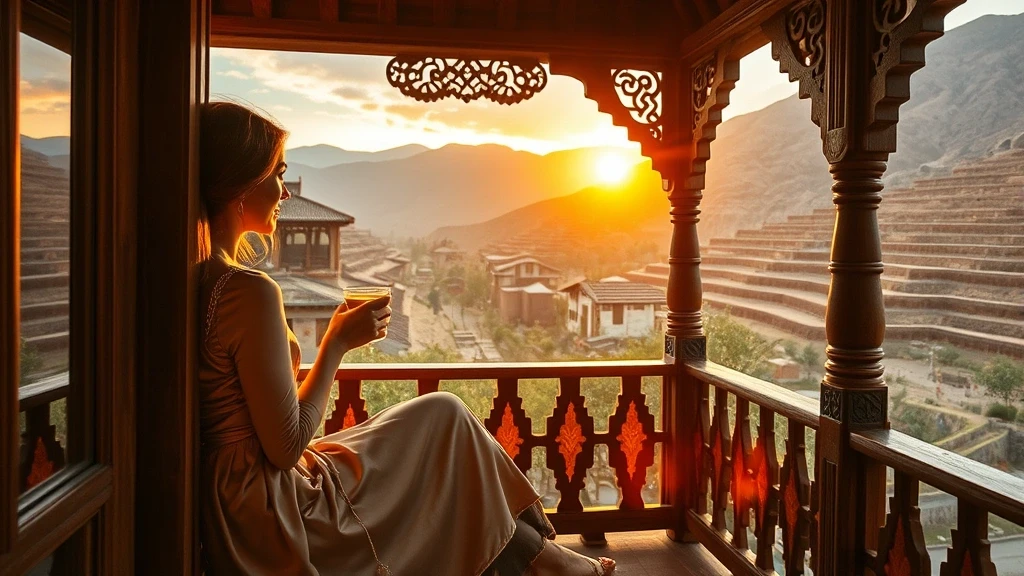 Elegante Reisende geniesst Hunza-Aprikosentee mit Blick auf Karakorum-Gebirge