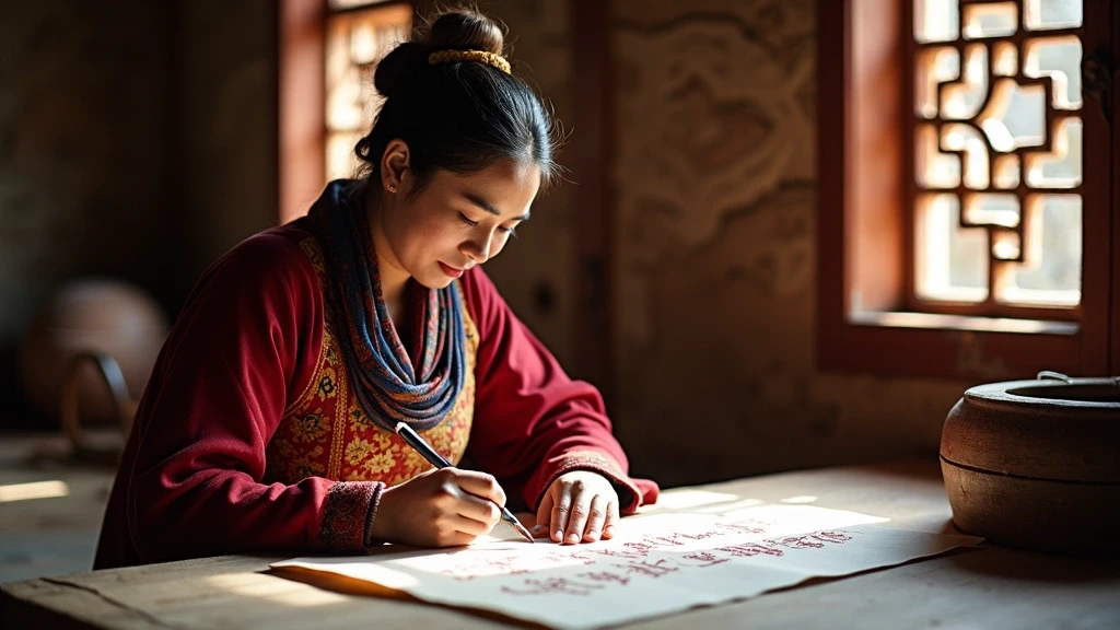 Lokale Fuehrerin demonstriert mongolische Kalligraphie im Erdene Zuu Kloster