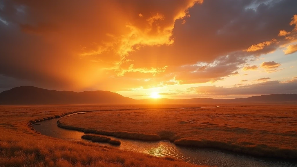 Panoramablick auf den Orkhon-Fluss in der Steppe von Karakorum bei Sonnenuntergang