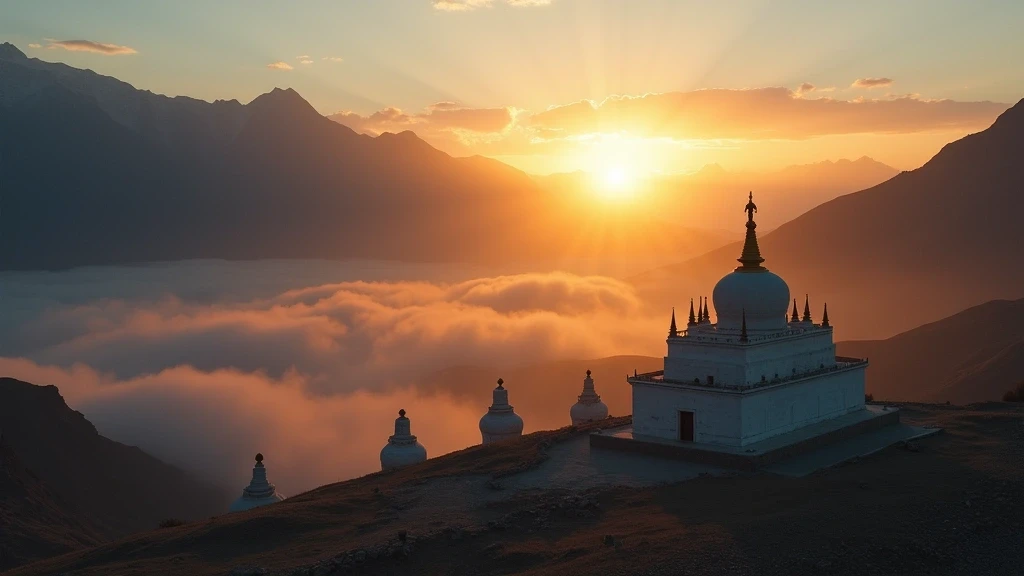 Sonnenaufgang ueber dem Erdene Zuu Kloster in Karakorum mit Nebel im Tal