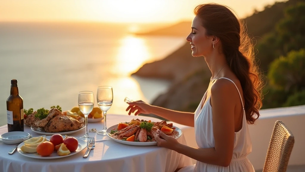 Elegante Frau geniesst ein privates Abendessen auf einer Klippenterrasse in Karibik, Karibik bei Sonnenuntergang