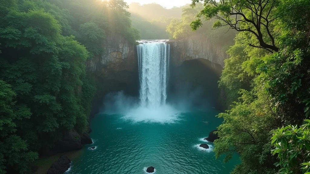 Luftaufnahme eines versteckten Wasserfalls im Regenwald von Karibik, Karibik