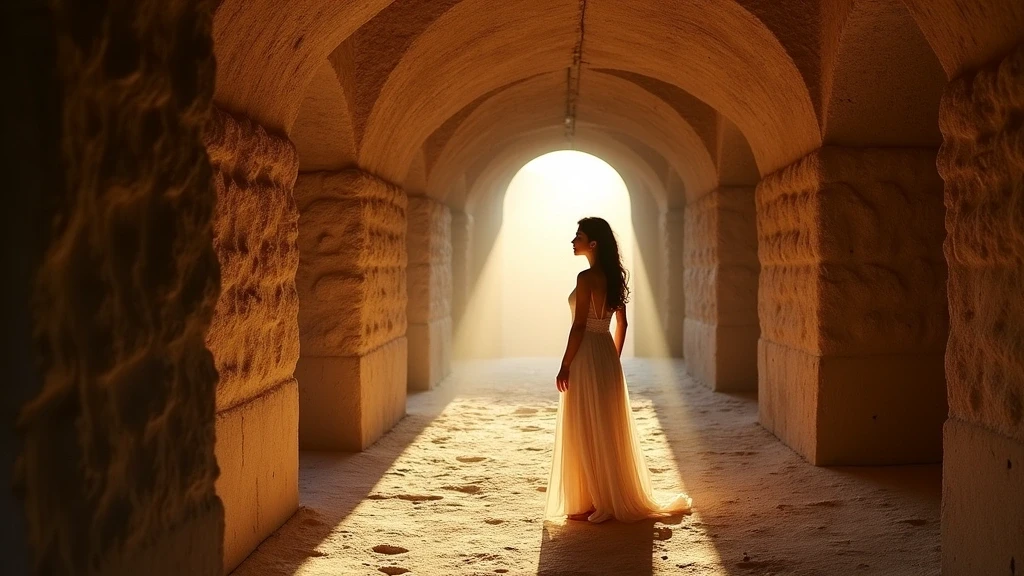 Elegante Frau in fliessendem Kleid in den Katakomben der Giordani in Italien zur goldenen Stunde